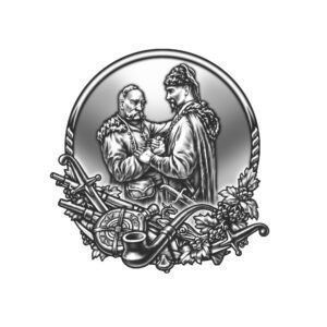 Набор водочной серии "Казаки", графин с казаком, 6 рюмок с овалами, платина, серебро, золото