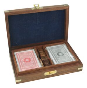 Коробка с 5 кубиками и игральными картами 17,5x12x4см дерево/латунь - Фото